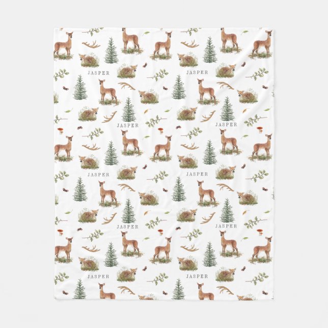Couverture Polaire Nom du bébé Motif du cerf de forêt (Devant)