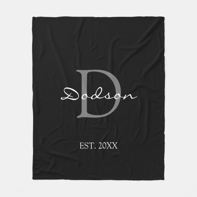 Couverture Polaire Nom du monogramme de script blanc noir élégant (Devant)