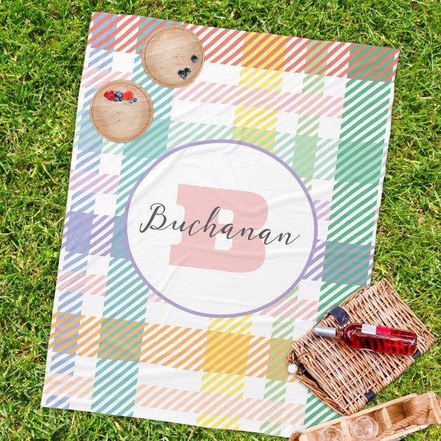 Couverture Polaire Nom du monogramme Modern Pastel Pique-nique (Modern Pastel Gingham monogram picnic blanket customizable personalized trendy blanket pink purple)