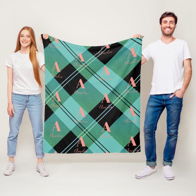 Couverture Polaire Nom du monogramme Plaid vert rose (En situation)