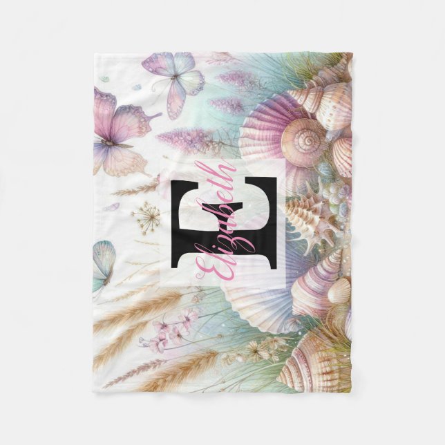 Couverture Polaire Nom du monogramme sur l'aquarelle Fleurs coquillag (Devant)