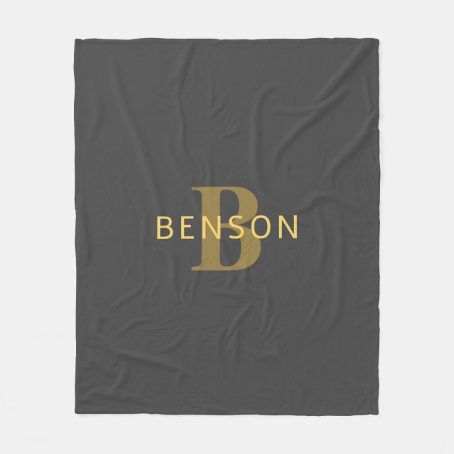 Couverture Polaire Nom élégant & monogramme | Or & Gris foncé (Devant)