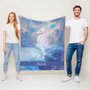 Couverture Polaire Nom élégant vintage hippocampe vagues océan bleu