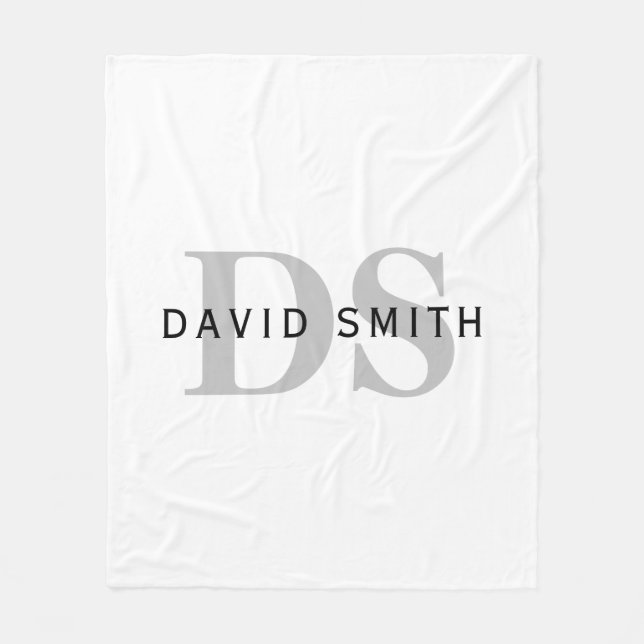 Couverture Polaire Nom et monogramme modernes | Blanc noir et gris (Devant)