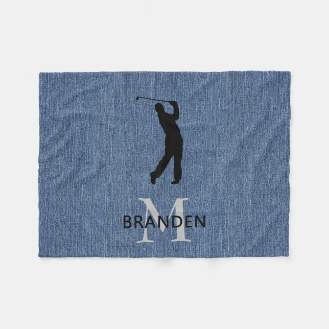 Couverture Polaire Nom initial homme golfeur, impression en denim ble (Devant (Horizontal))