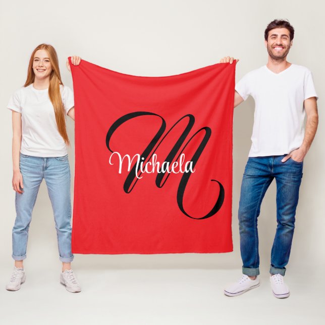 Couverture Polaire Nom initial minimaliste moderne monogramme rouge (En situation)