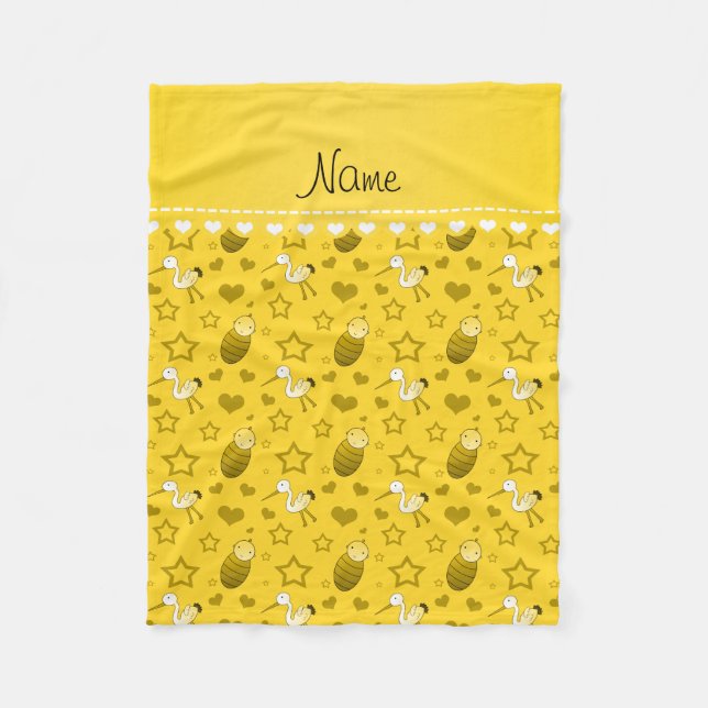 Couverture Polaire Nom jaune coeur cigogne bébé étoiles (Devant)