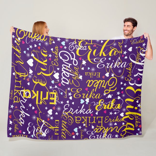 Couverture Polaire Nom jaune, Coeurs mignons éclatés et étoiles (En situation)