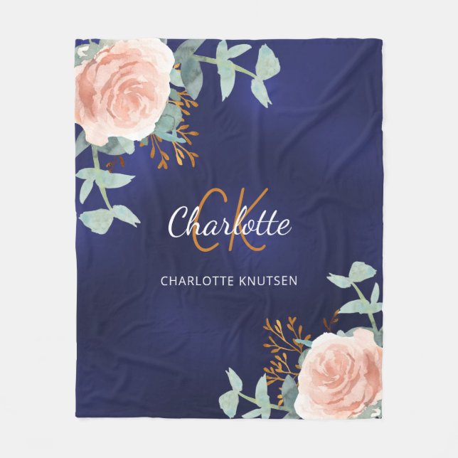 Couverture Polaire Nom monogramme bleu marine rose fleuri vert (Devant)