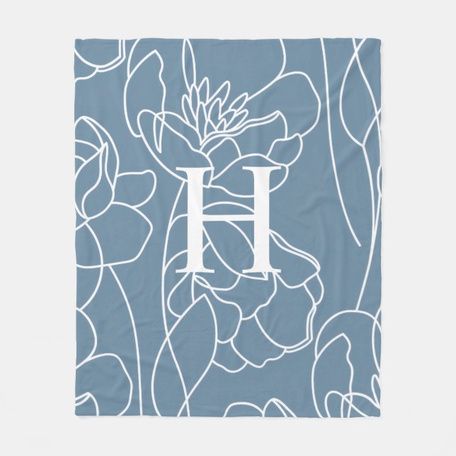Couverture Polaire Nom Monogramme Fleur Sauvage Élégant Moderne Bleu (Devant)