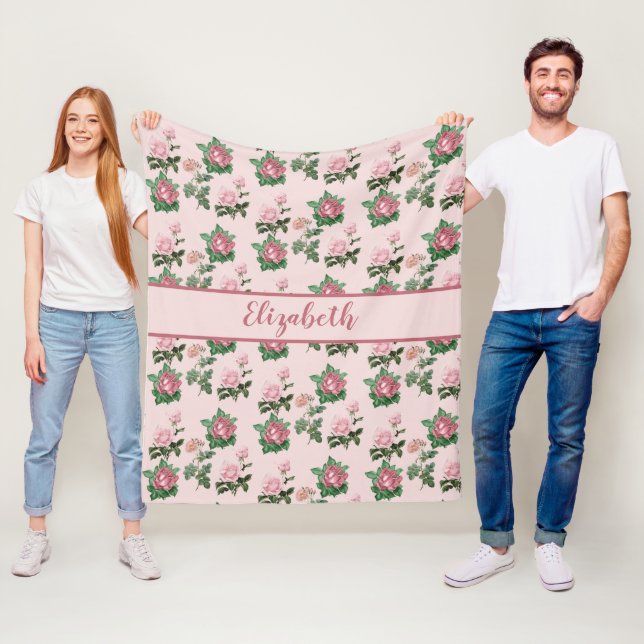 Couverture Polaire Nom monogramme Roses roses Shabby Chic (En situation)