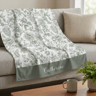 Couverture Polaire Nom Monogramme Toile Vintage Florale Vert Sauge