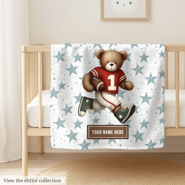 Couverture Polaire Nom personnalisé American Football Blanche pour ga (Cozy football teddy bear blanket, soft and cute boy birthday gift for little sports fans.)