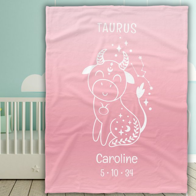 Couverture Polaire Nom personnalisé Baby Girl Taurus Zodiac rose (Créateur téléchargé)