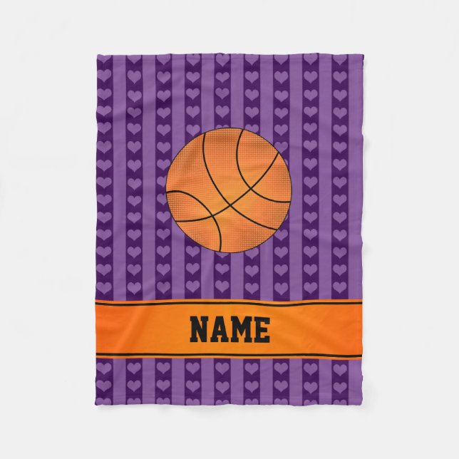 Couverture Polaire Nom personnalisé basketball violet coeurs rayures (Devant)