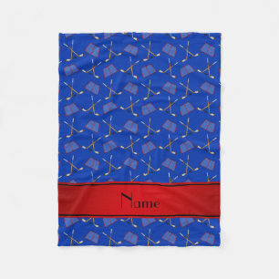 Couverture Polaire Nom personnalisé bâtons de hockey bleu bande rou
