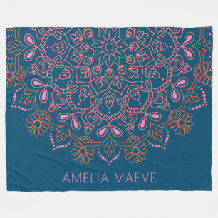 Couverture Polaire Nom personnalisé Boho Mandala Floral Bleu Rose 