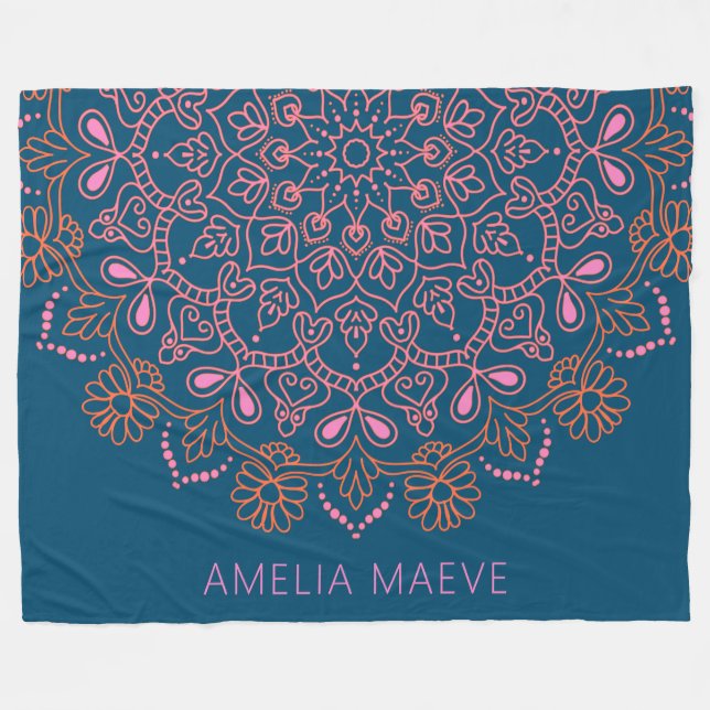 Couverture Polaire Nom personnalisé Boho Mandala Floral Bleu Rose  (Devant (Horizontal))