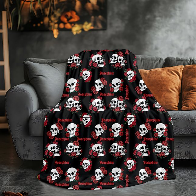 Couverture Polaire Nom personnalisé Crâne gothique et Halloween Rose (Créateur téléchargé)