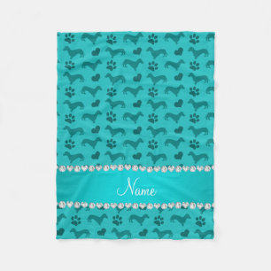 Couverture Polaire Nom personnalisé dachshunds turquoise coeurs patte