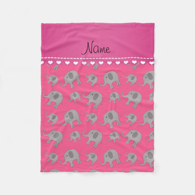 Couverture Polaire Nom personnalisé éléphants gris rose (Devant)