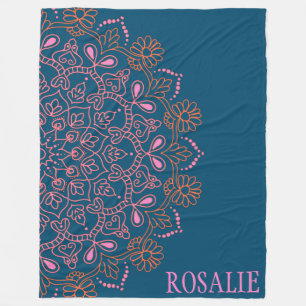Couverture Polaire Nom personnalisé Floral Mandala bleu rose unique