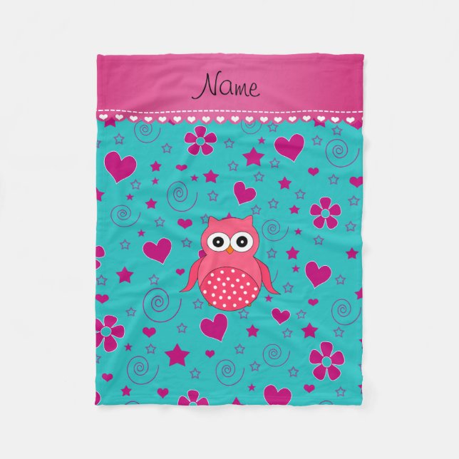 Couverture Polaire Nom personnalisé hibou rose turquoise coeurs roses (Devant)