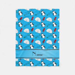Couverture Polaire Nom personnalisé igloo de pingouins bleu calmar de