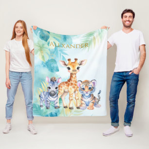 Couverture Polaire Nom personnalisé Jungle Baby Zebra Giraffe et Tige