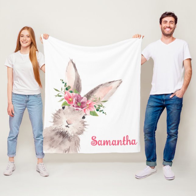 Couverture Polaire Nom personnalisé Lapin Rabbit fille rose (En situation)
