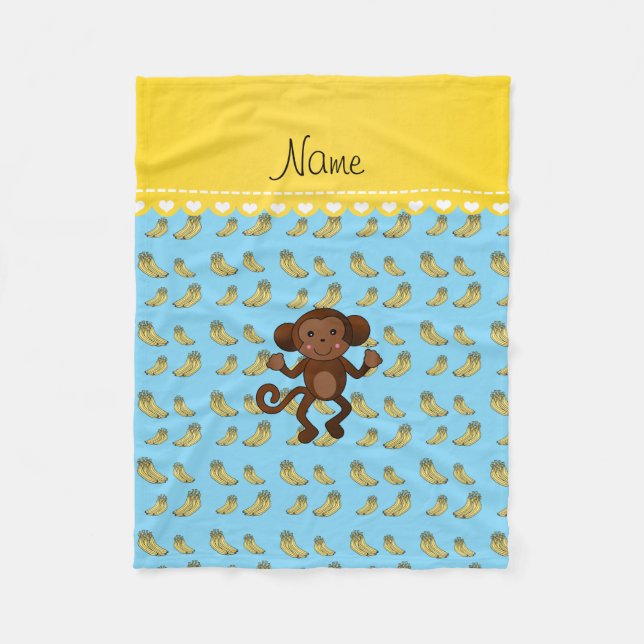 Couverture Polaire Nom personnalisé mignon singe bleu banane jaune (Devant)