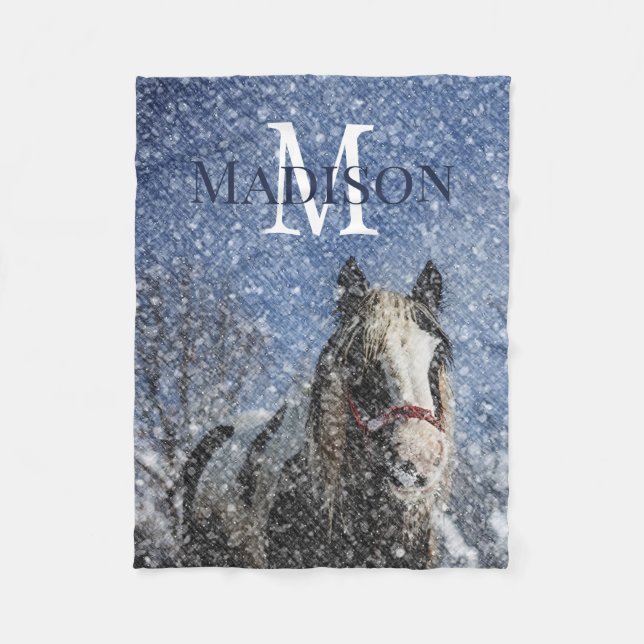 Couverture Polaire Nom personnalisé Monogramme Cheval d'hiver (Devant)