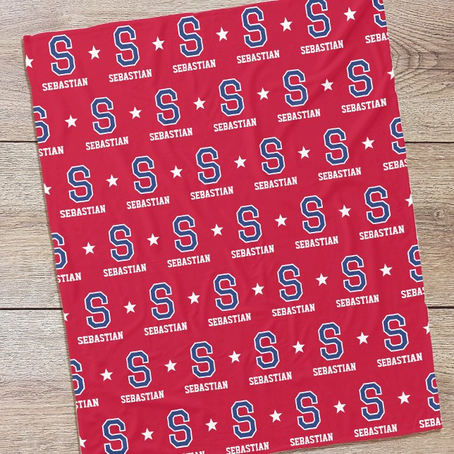 Couverture Polaire Nom personnalisé Monogramme Star Crimson Navy (Créateur téléchargé)