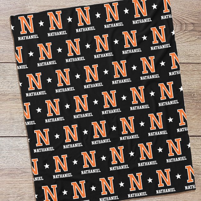 Couverture Polaire Nom personnalisé Monogramme Star Orange Noir (Créateur téléchargé)