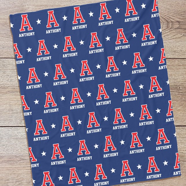 Couverture Polaire Nom personnalisé Monogramme Star Red Navy (Créateur téléchargé)