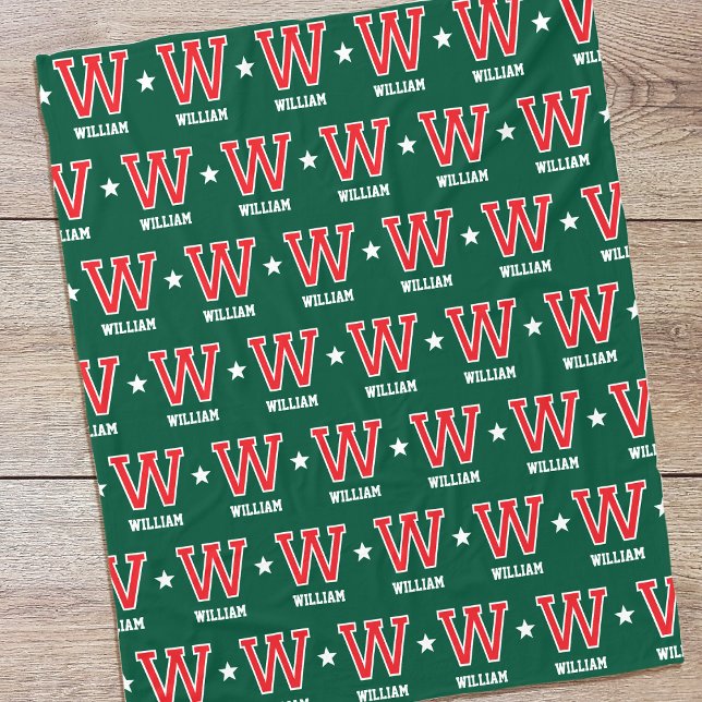 Couverture Polaire Nom personnalisé Monogramme Star Rouge Vert (Créateur téléchargé)