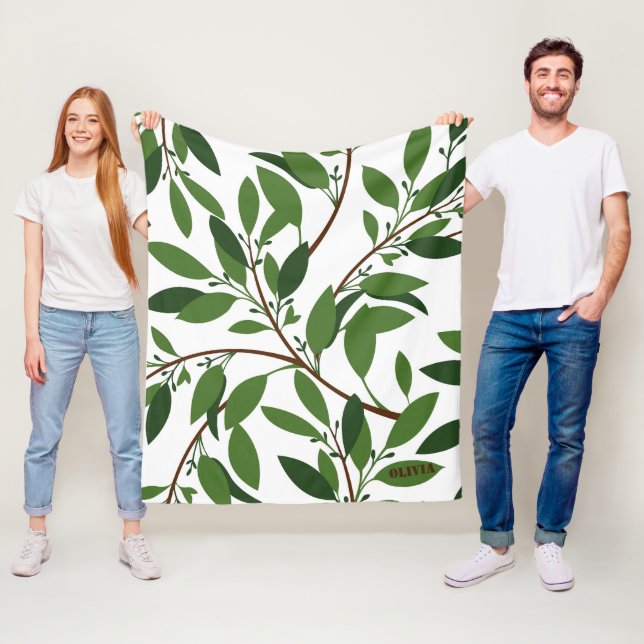 Couverture Polaire Nom personnalisé Olive Branch Motif White Green Le (En situation)
