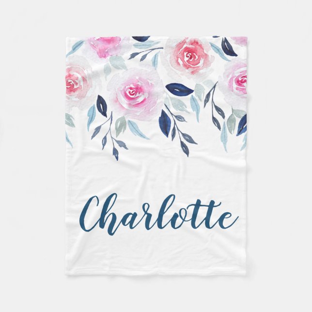 Couverture Polaire Nom personnalisé par aquarelle rose florale de (Devant)