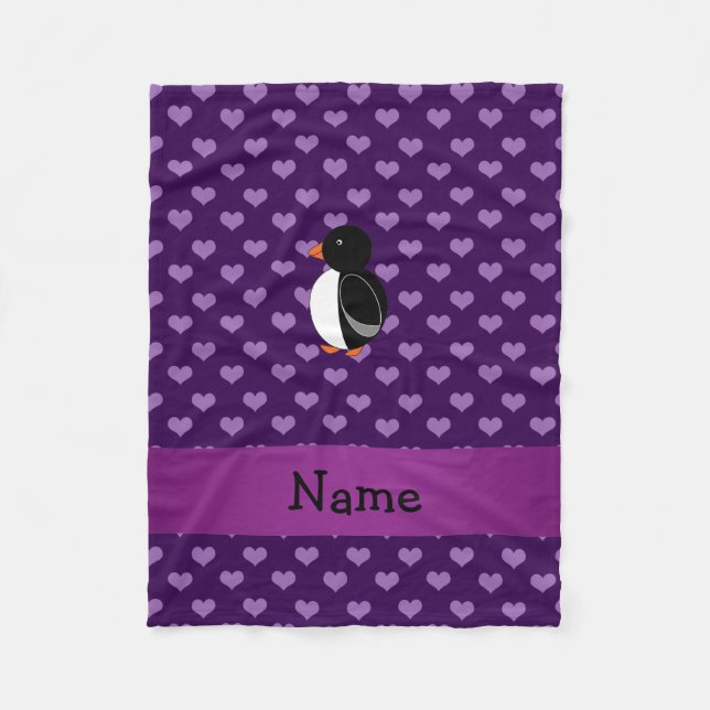 Couverture Polaire Nom personnalisé pingouin coeur pourpre (Devant)