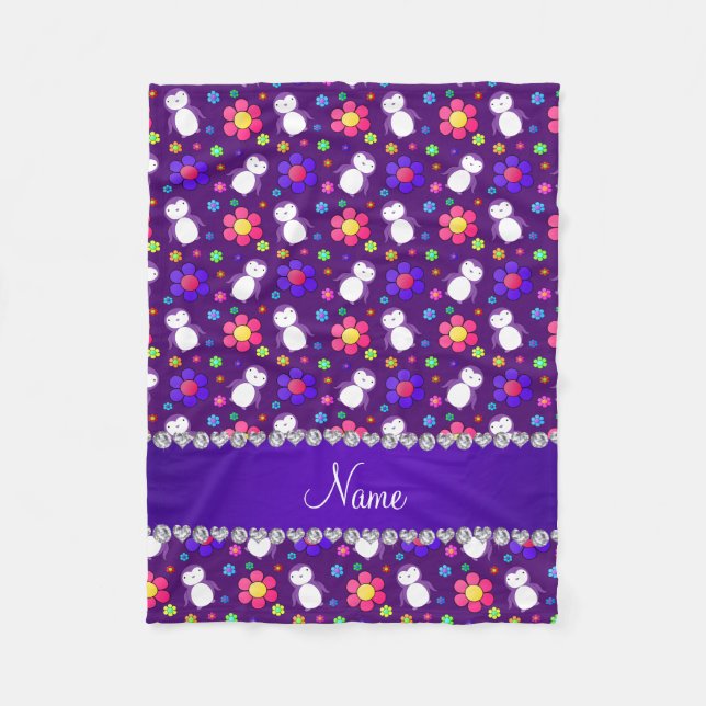 Couverture Polaire Nom personnalisé pingouins violets fleurs (Devant)