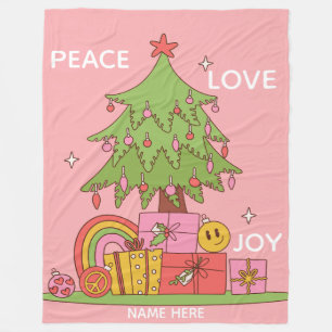 Couverture Polaire Nom personnalisé Pink Retro Arbre de Noël Fleece B
