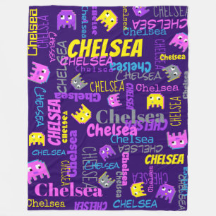 Couverture Polaire Nom personnalisé pixel jeu rose violet jaune fille