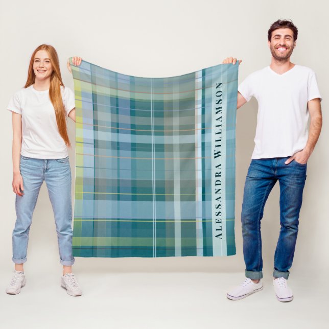 Couverture Polaire Nom personnalisé Plaid Check Blue Teal Moderne Élé (En situation)