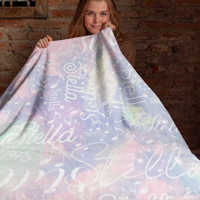 Couverture Polaire Nom sur Pink Bluish Aquarelle avec notes musicales (Créateur téléchargé)