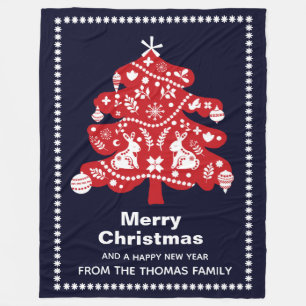 Couverture Polaire Nordique Folk Navy Red Christmas Tree Bunnies