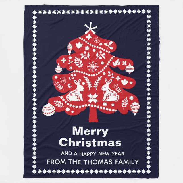 Couverture Polaire Nordique Folk Navy Red Christmas Tree Bunnies (Devant)
