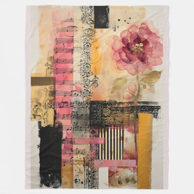 Couverture Polaire Notes de musique et de fleurs roses (Devant)