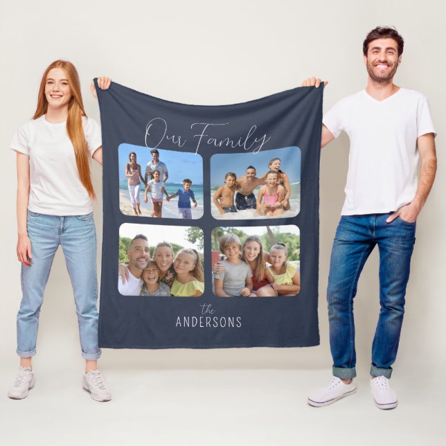 Couverture Polaire Notre Famille Calligraphie Script 4 Photos Bleu (En situation)