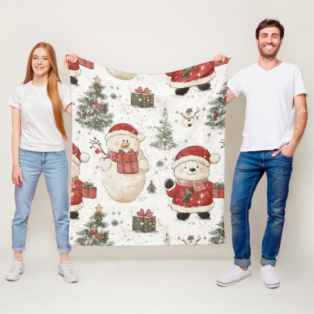 Couverture Polaire Nounours mignon et Père Noël sur fond blanc (2) (En situation)
