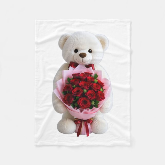 Couverture Polaire Nounours Ours avec des Roses Rouges Plaid (Devant)